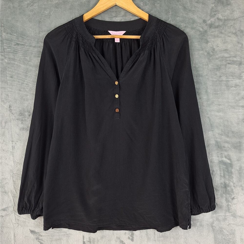 Lilly Pulitzer Black Long-Sleeve Smocked Yoke Blouse